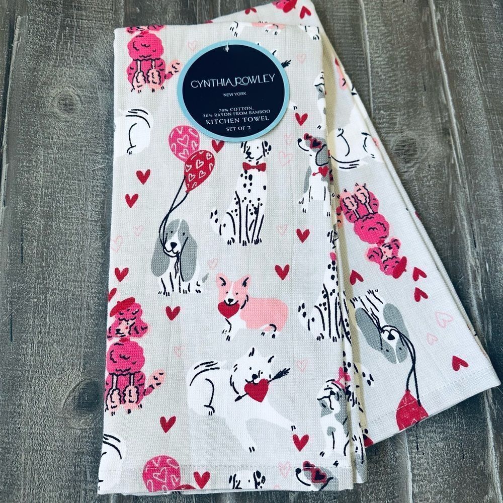 Valentine Dogs Hearts Cynthia Rowley Pink Gray Kitchen Dish Towels Set